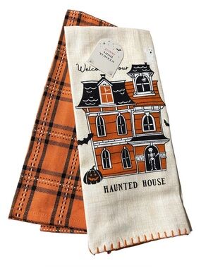 Halloween Haunted House Cotton Kitchen Towels - Orange & Cream